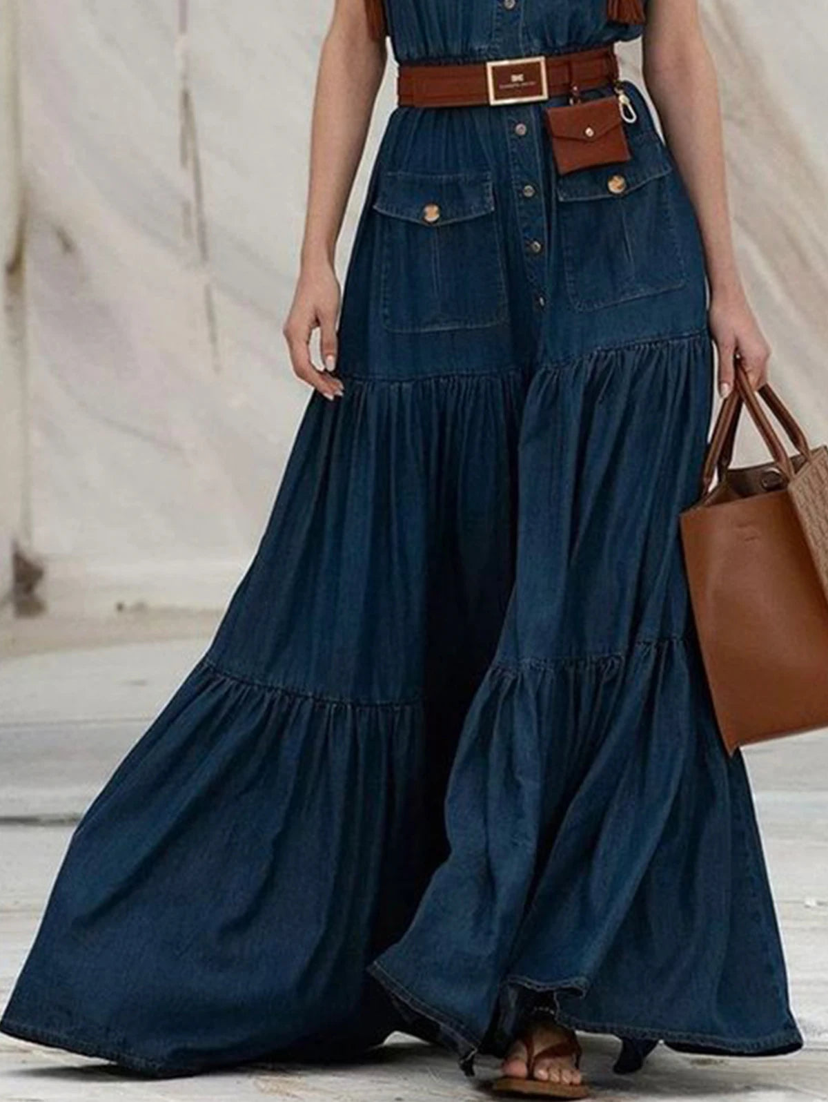 Vestido Plissado Feminino Casual com Bolsos