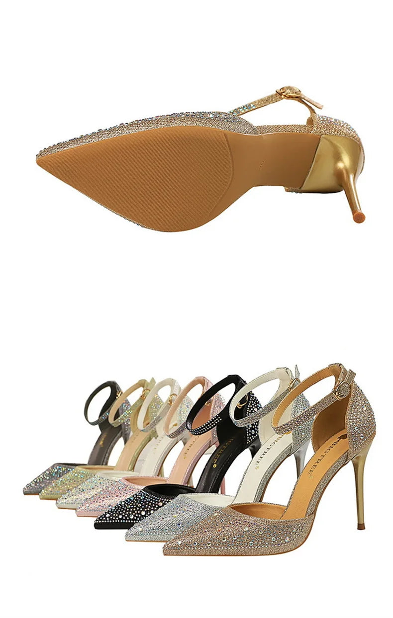 Salto Alto Estilete com Strass Brilhante para Mulheres