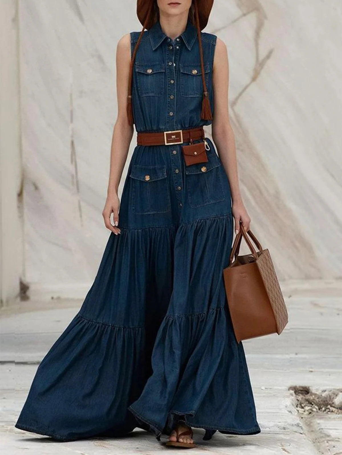 Vestido Plissado Feminino Casual com Bolsos