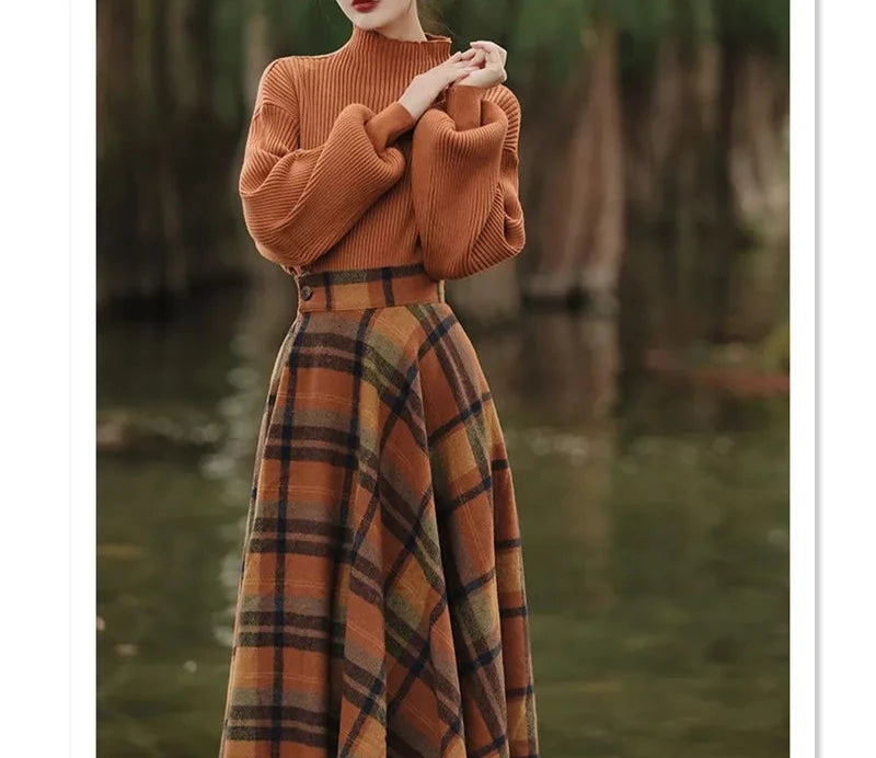 Conjunto Feminino de Suéter e Saia Xadrez