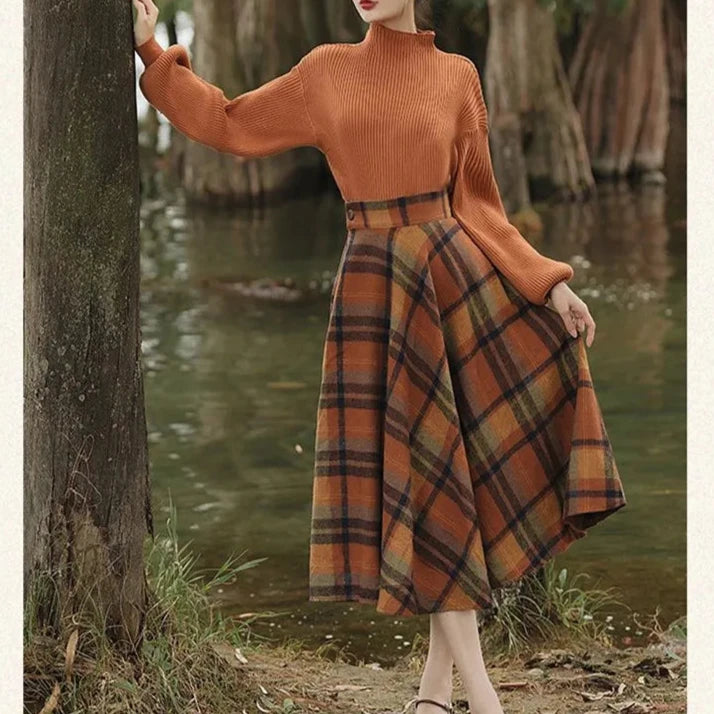 Conjunto Feminino de Suéter e Saia Xadrez