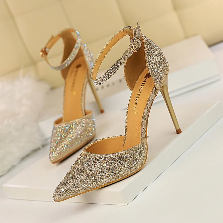 Salto Alto Estilete com Strass Brilhante para Mulheres