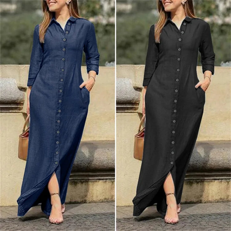 Vestido Longo Feminino em Denim com Manga Longa e Botões