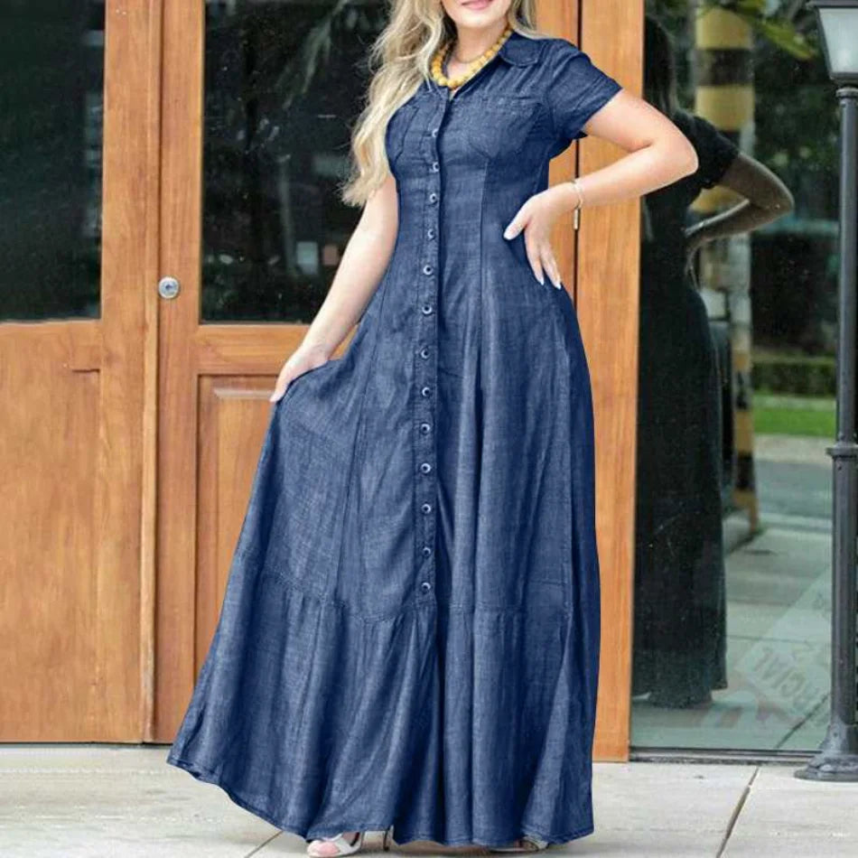 Vestido Longo Feminino com Manga Curta e Gola Virada