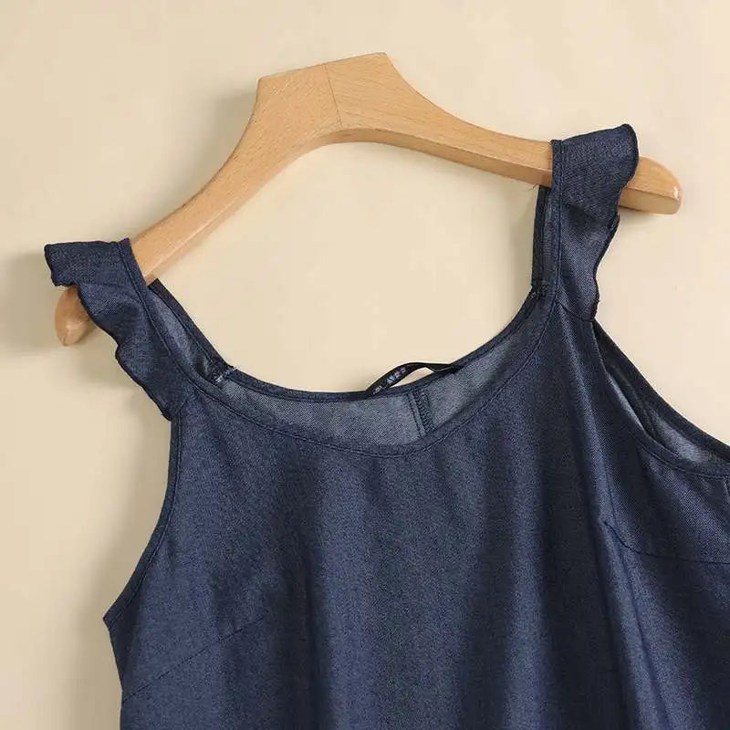 Vestido Boêmio Jeans Sem Mangas para Verão