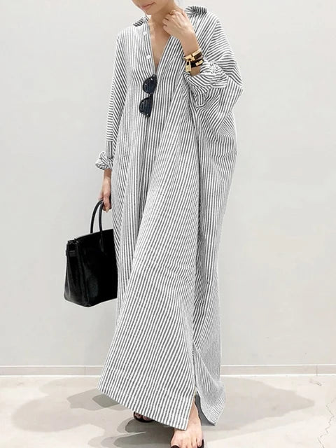 Vestido de Verão Estampado Listrado Feminino Boêmio