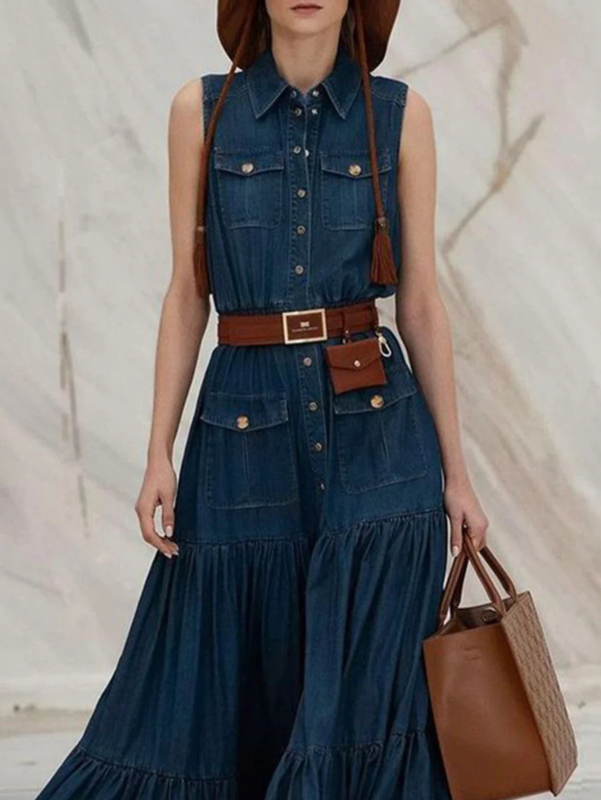 Vestido Plissado Feminino Casual com Bolsos