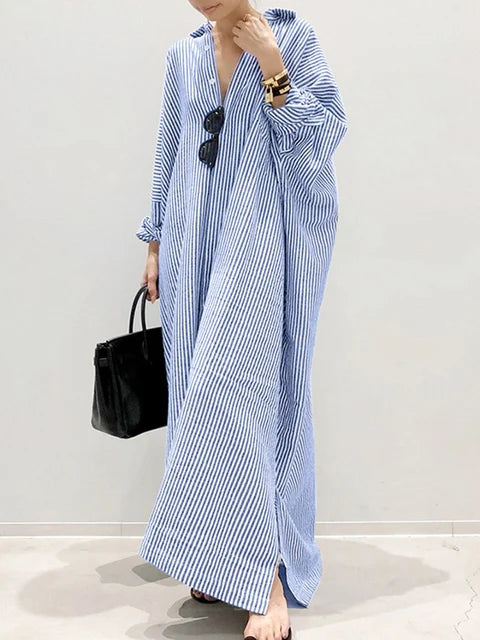 Vestido de Verão Estampado Listrado Feminino Boêmio