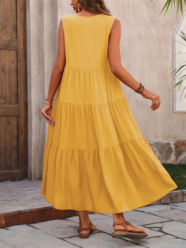 Vestido Longo Feminino Amarelo com Decote em V