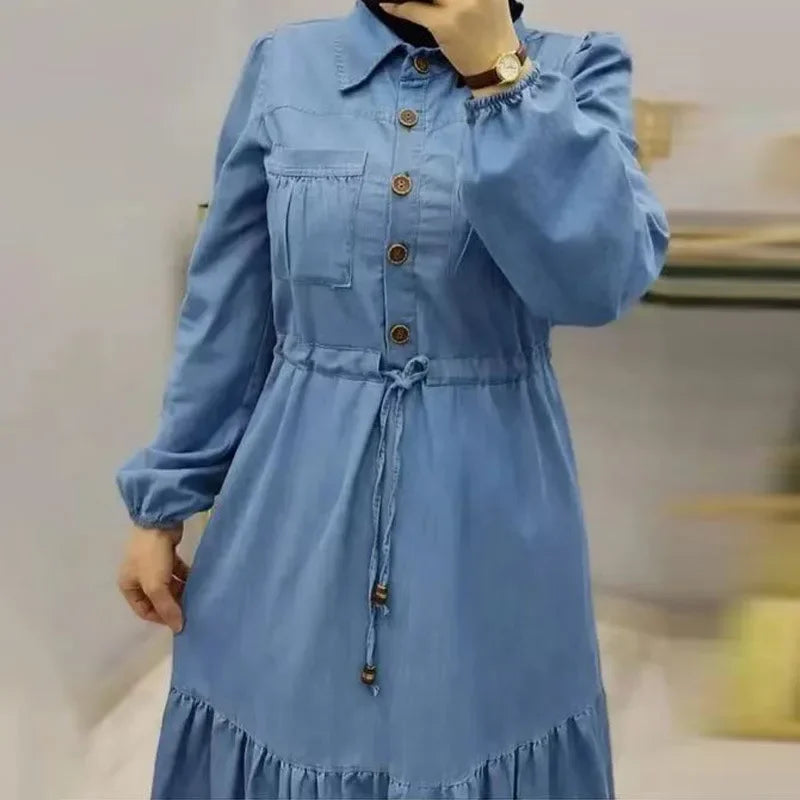 Vestido Jeans Elegante Feminino com Colarinho Dobrável