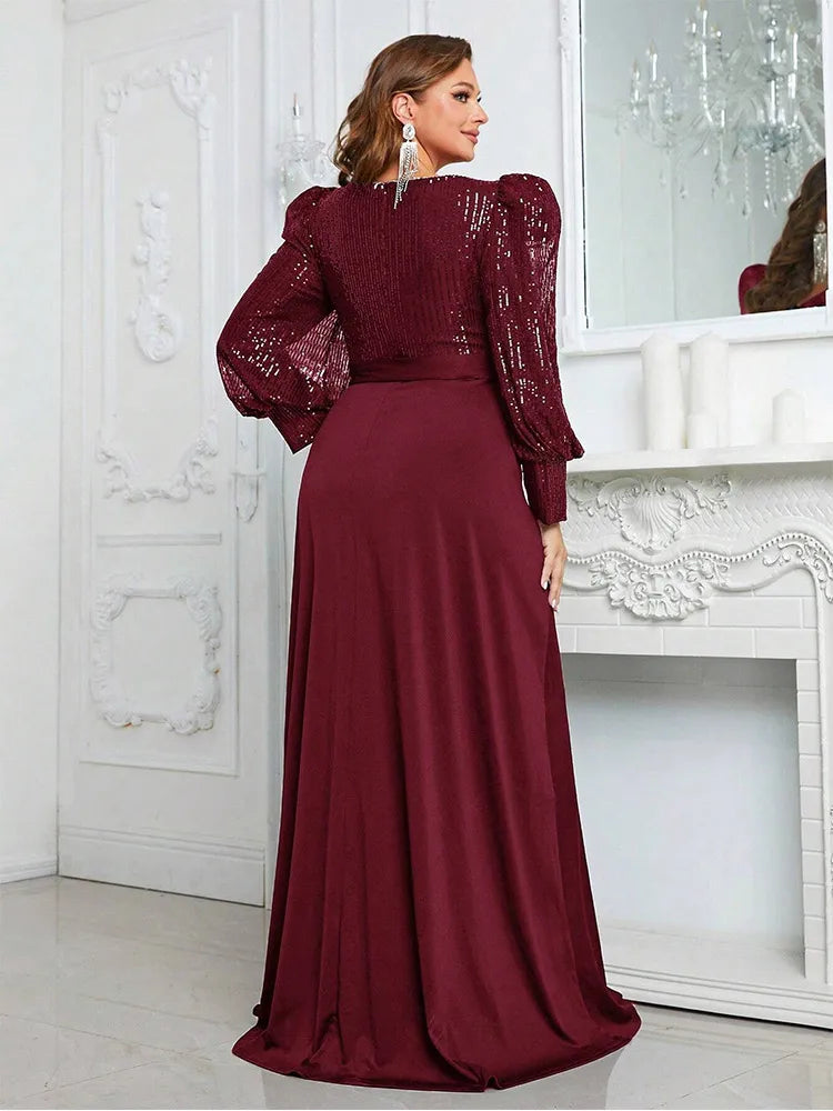 Vestido de Noite Feminino com Decote em V e Lantejoulas