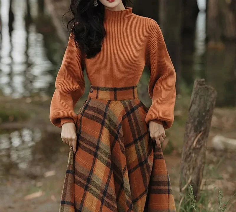 Conjunto Feminino de Suéter e Saia Xadrez