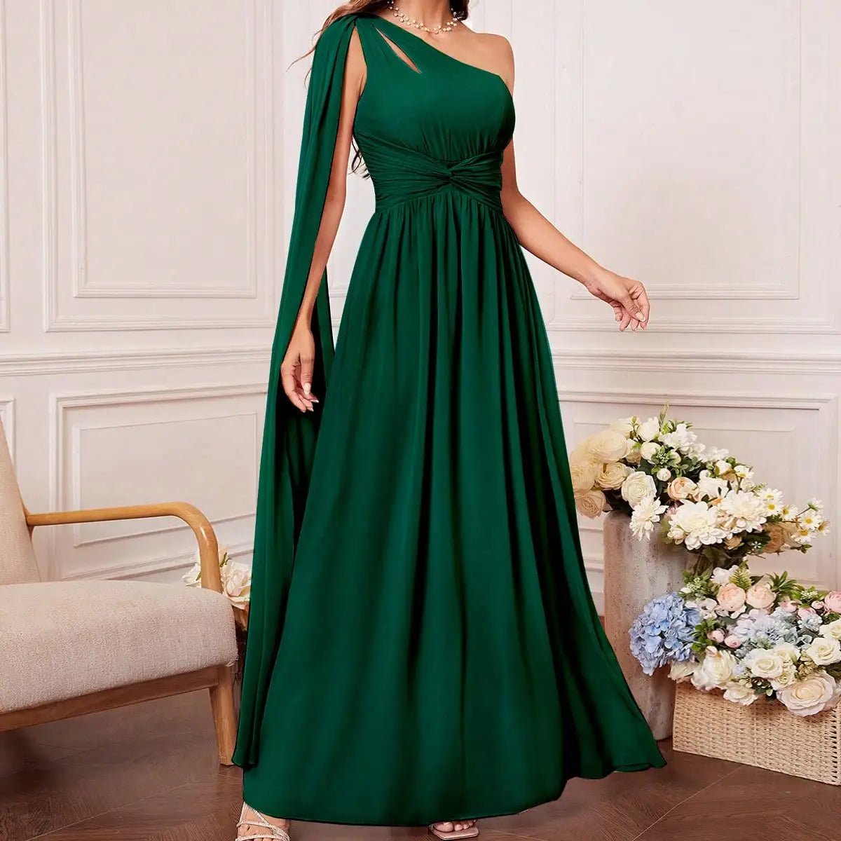 Vestido de Dama de Honra com Lazo Frontal e Um Ombro