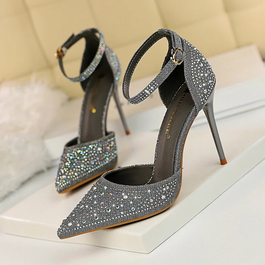 Salto Alto Estilete com Strass Brilhante para Mulheres