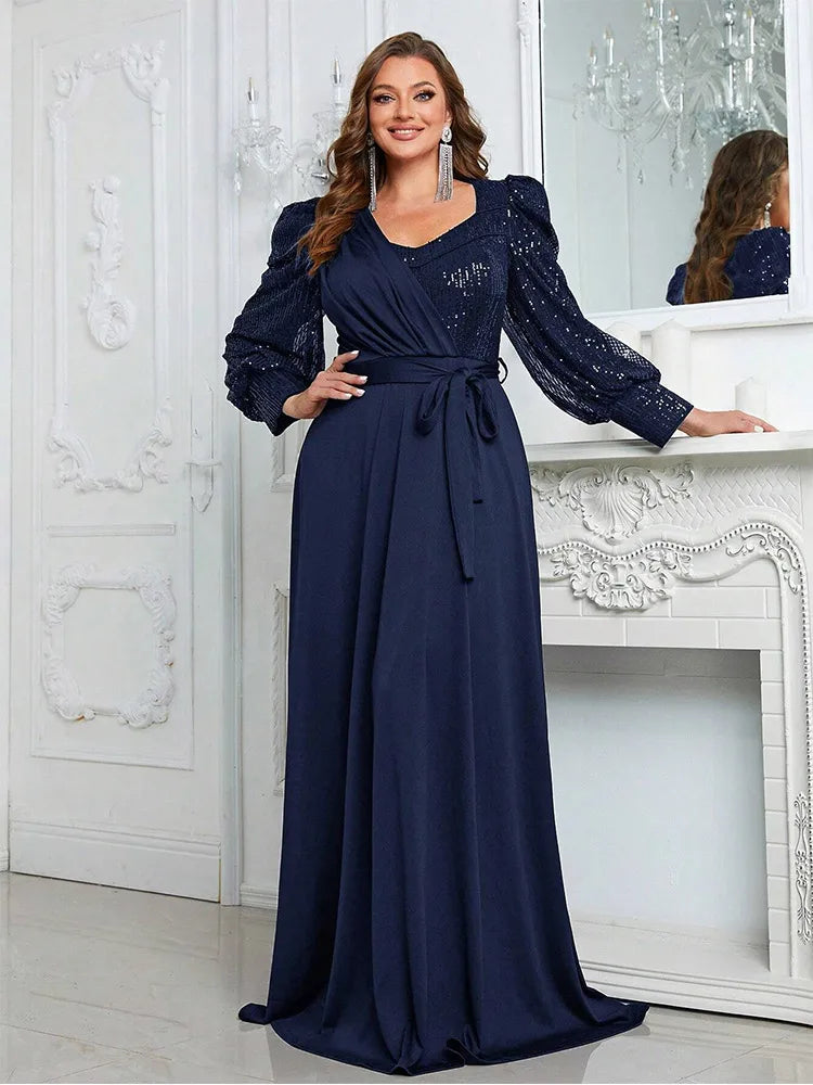 Vestido de Noite Feminino com Decote em V e Lantejoulas
