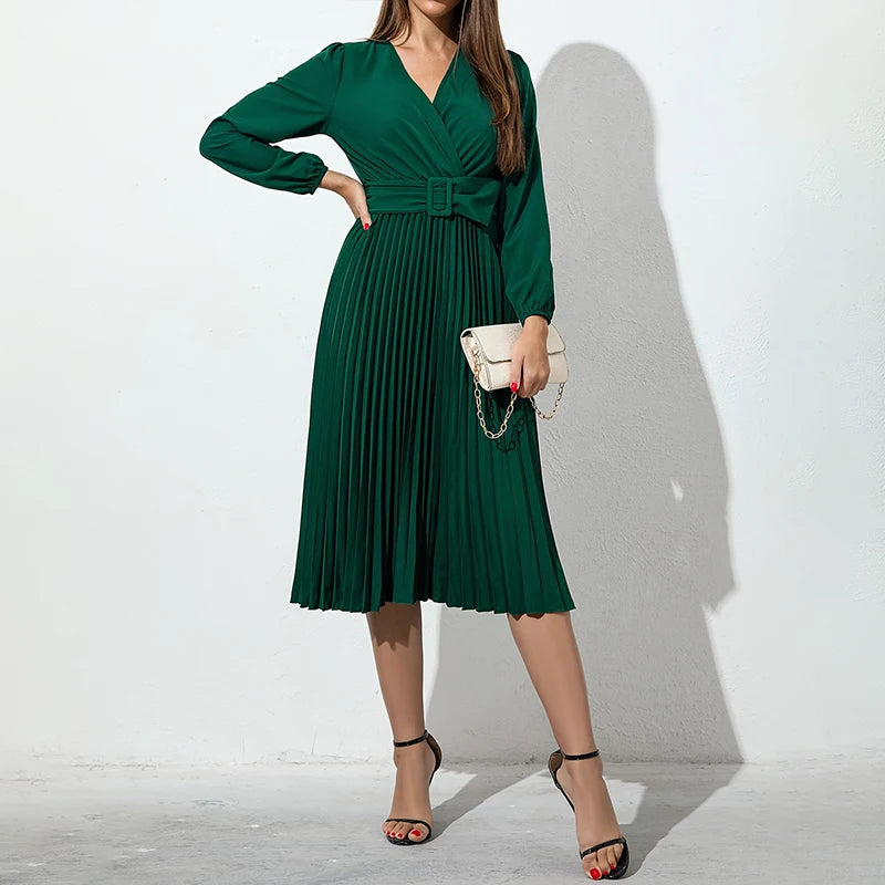 Saia Plissada Feminina Verde Escura com Decote em V