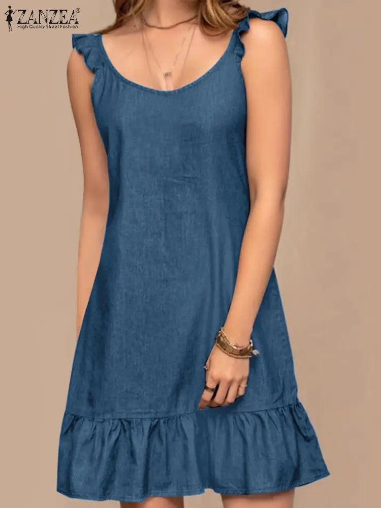Vestido Boêmio Jeans Sem Mangas para Verão