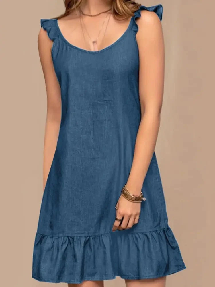 Vestido Boêmio Jeans Sem Mangas para Verão
