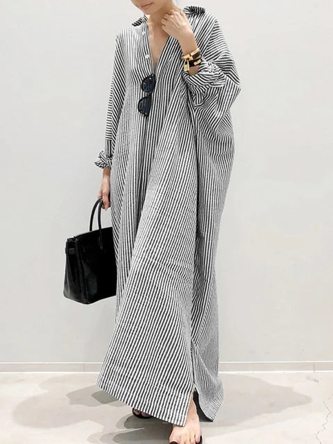 Vestido de Verão Estampado Listrado Feminino Boêmio