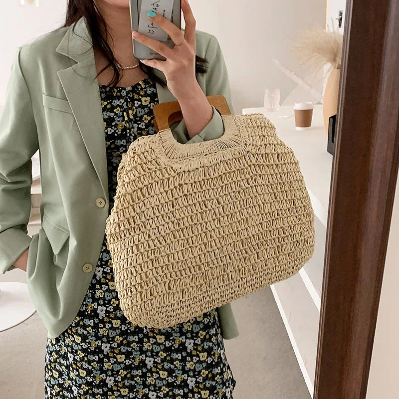 Bolsa de Palha Tecido Feminina Grande Capacidade
