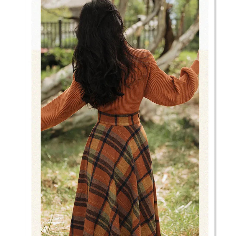Conjunto Feminino de Suéter e Saia Xadrez