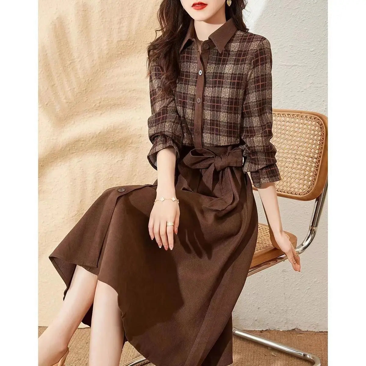 Vestido Midi Xadrez Elegante para Senhoras
