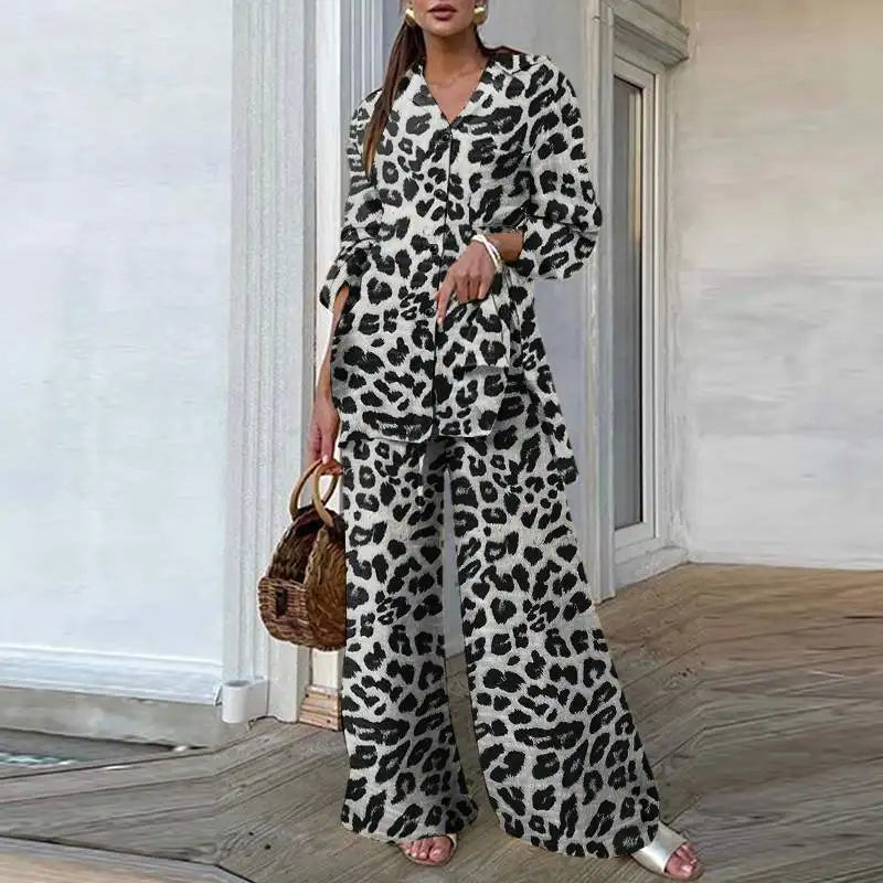 Conjunto Feminino Casual de Verão com Estampa de Leopardo