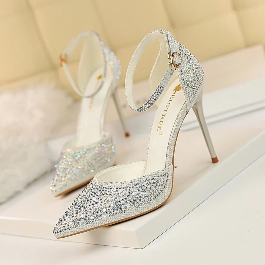 Salto Alto Estilete com Strass Brilhante para Mulheres