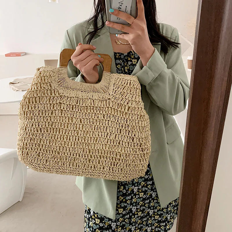Bolsa de Palha Tecido Feminina Grande Capacidade