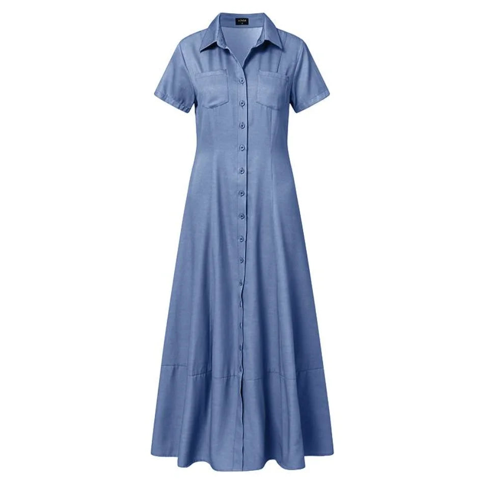 Vestido Longo Feminino com Manga Curta e Gola Virada