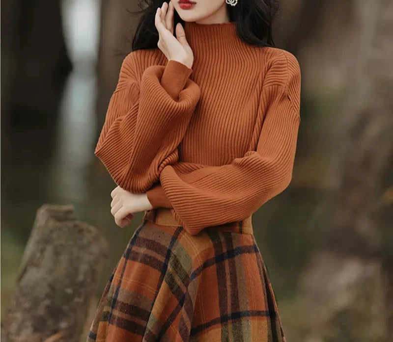 Conjunto Feminino de Suéter e Saia Xadrez