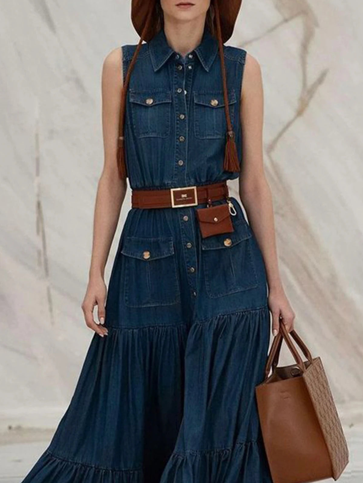Vestido Plissado Feminino Casual com Bolsos