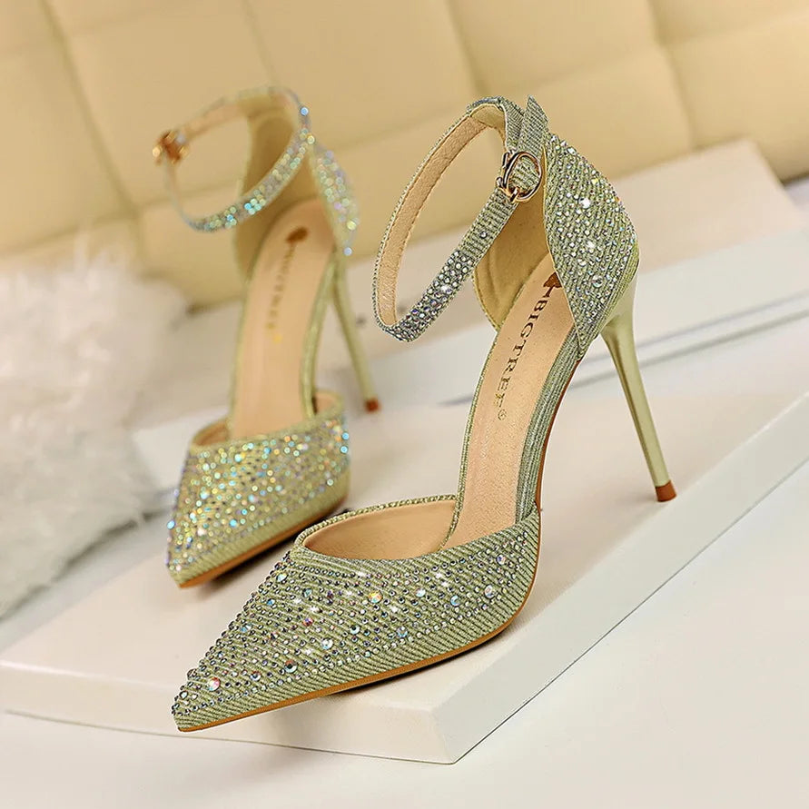 Salto Alto Estilete com Strass Brilhante para Mulheres