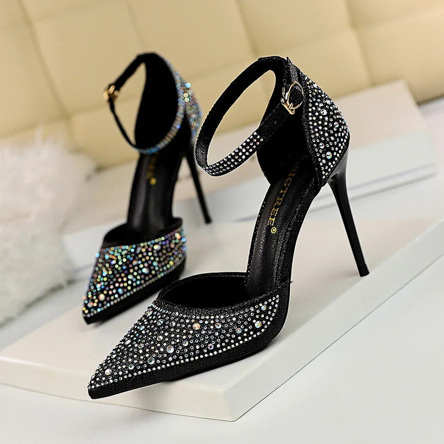 Salto Alto Estilete com Strass Brilhante para Mulheres
