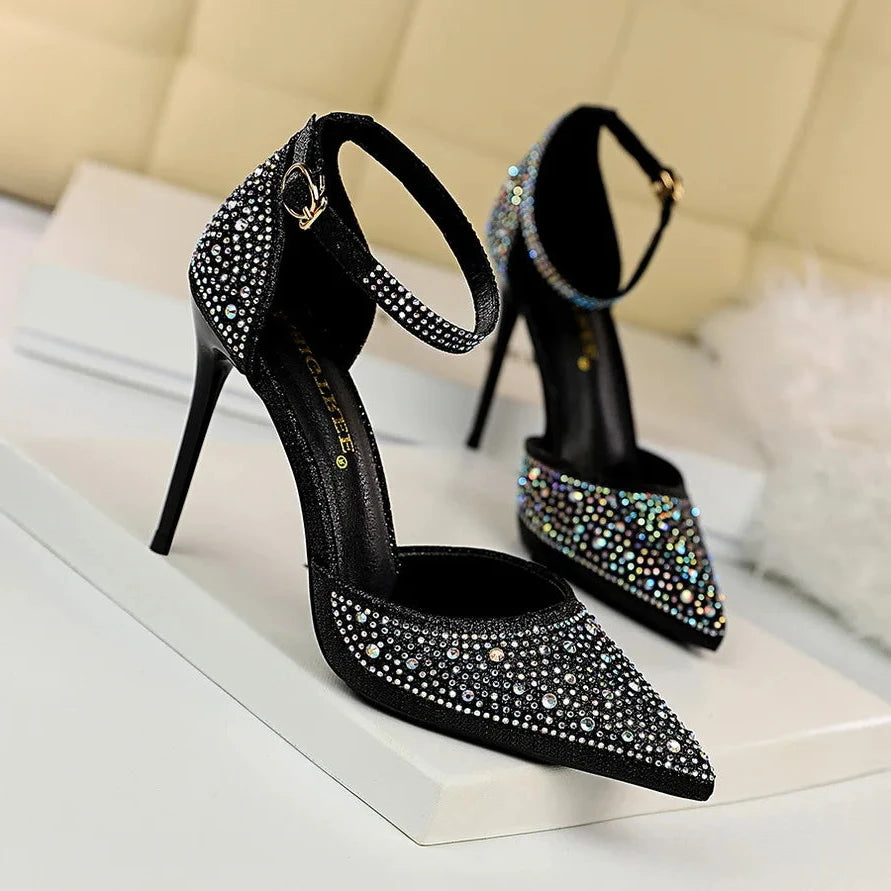 Salto Alto Estilete com Strass Brilhante para Mulheres