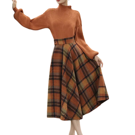 Conjunto Feminino de Suéter e Saia Xadrez