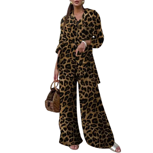 Conjunto Feminino Casual de Verão com Estampa de Leopardo