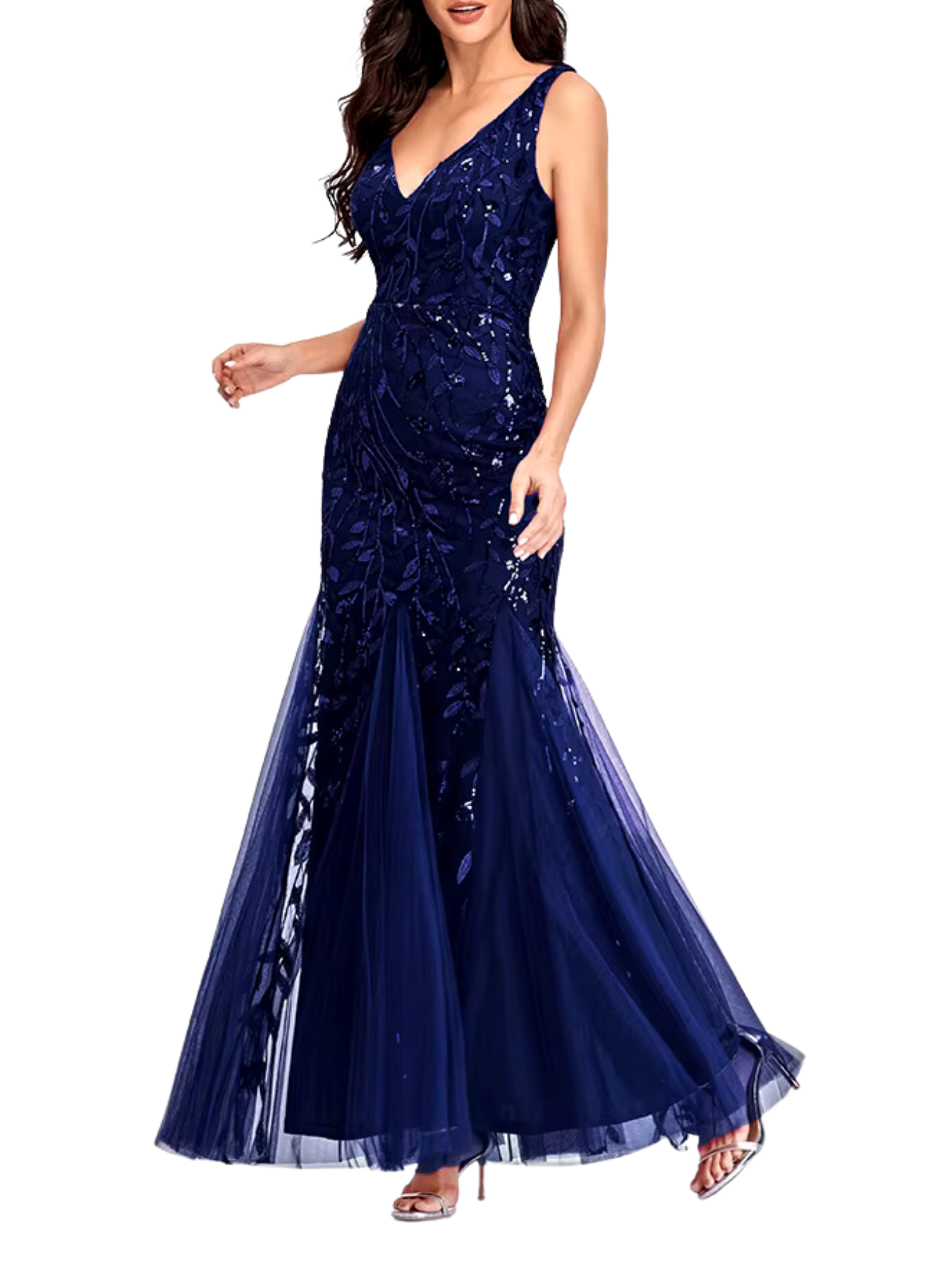 Vestido Cocktail Sem Mangas com Decote em V e Lantejoulas