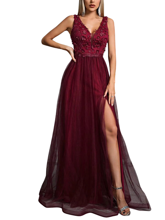 Vestido com Fenda de Malha Bordada com Decote em V e Lantejoulas 3D
