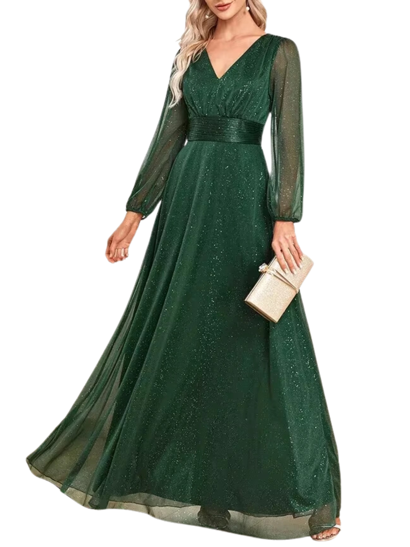 Vestido com Brilho Gola em V Verde