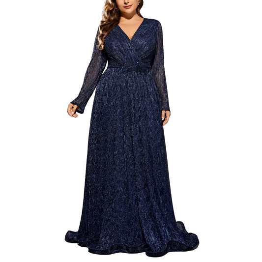 Vestido de Noite com Lantejoulas e Decote em V