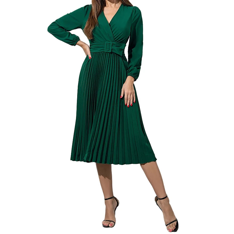 Vestido com Saia Plissada Feminina Verde Escura com Decote em V