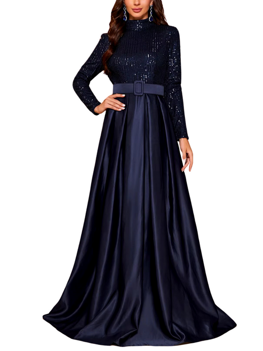 Vestido de Noite Plissado com Cinto e Lantejoulas