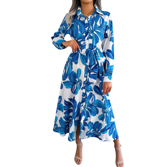 Vestido Floral Longo com Gola Polo
