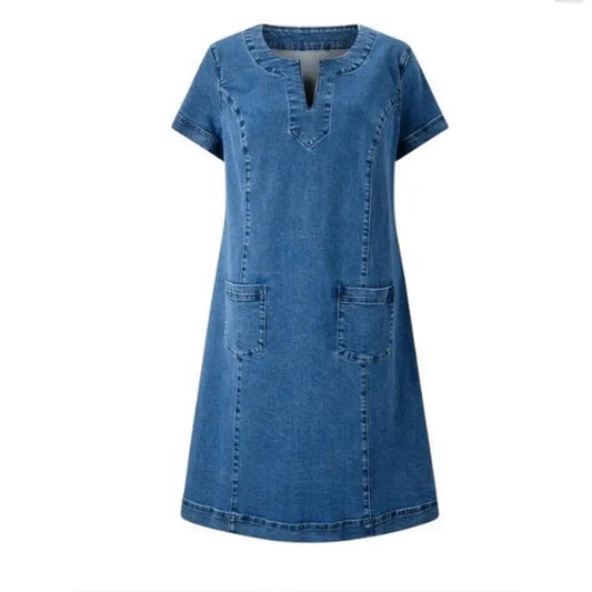 Vestido Jeans Feminino com Decote em V e Mangas Curtas