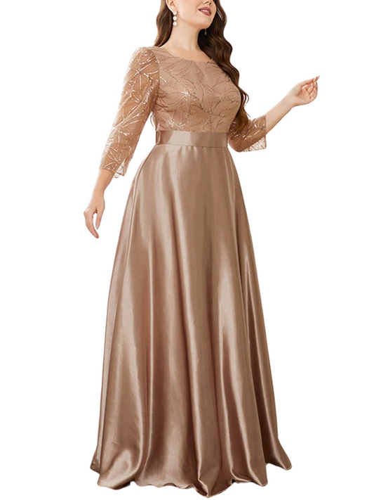 Vestido Longo de Cetim com Gola Redonda e Manga Longa