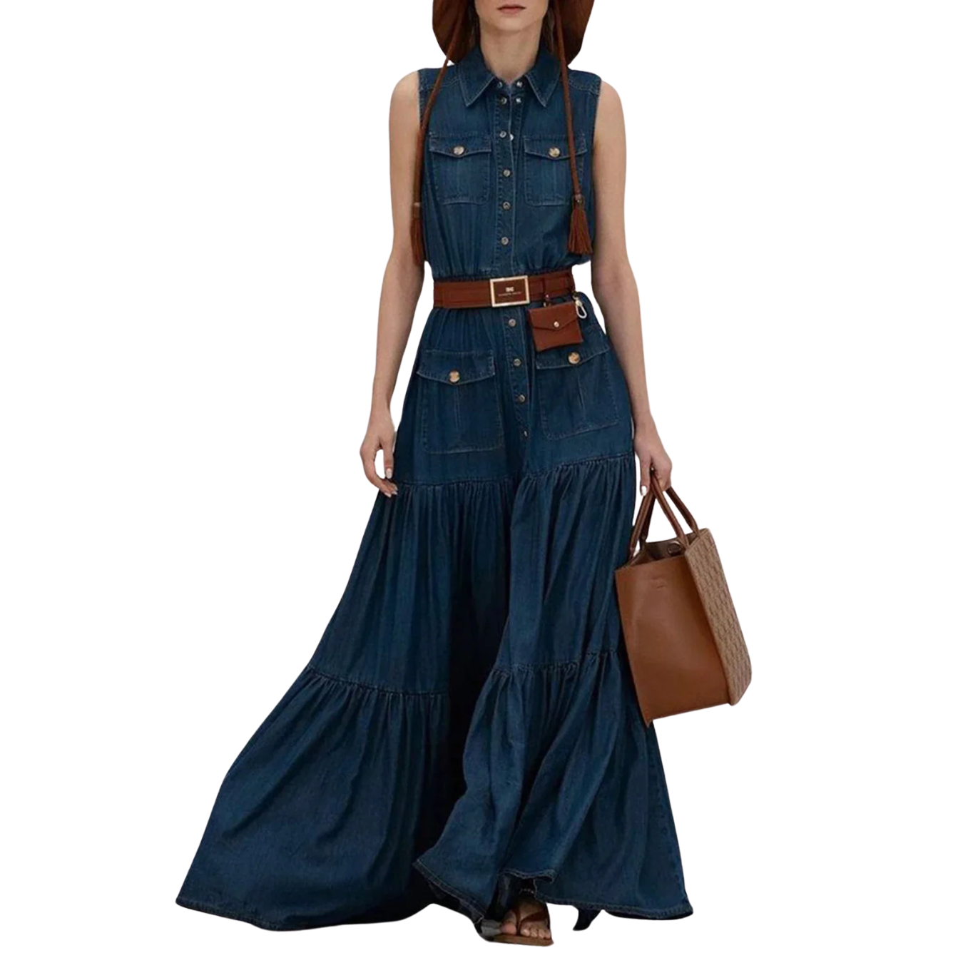 Vestido Plissado Feminino Casual com Bolsos
